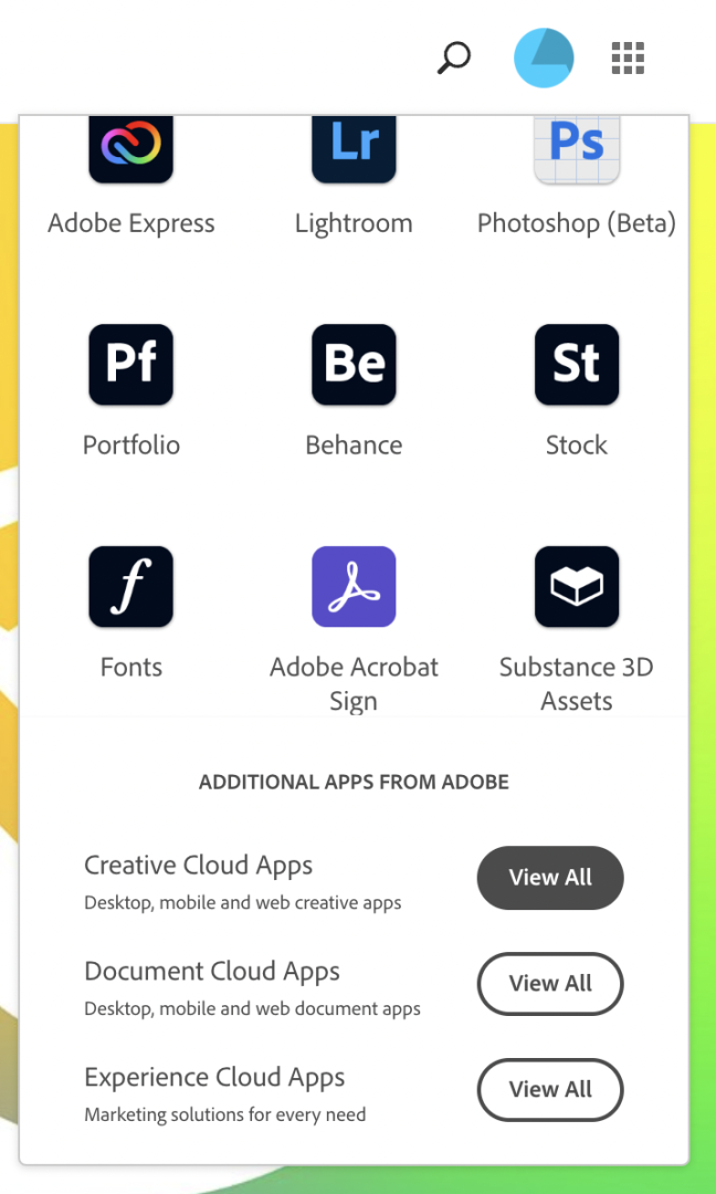 Adobe apps menu view all creative cloud apps