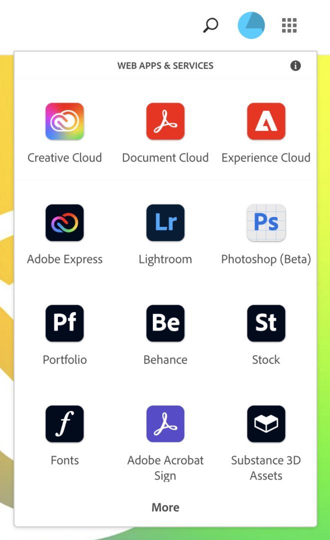 View Adobe Apps Menu - select more