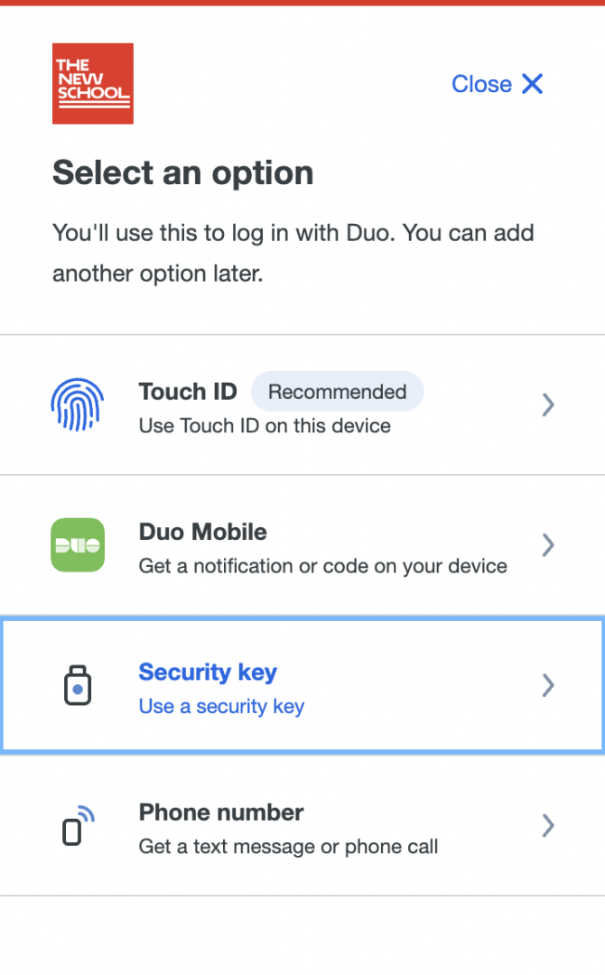 Duo Security Key Multi-factor Option
